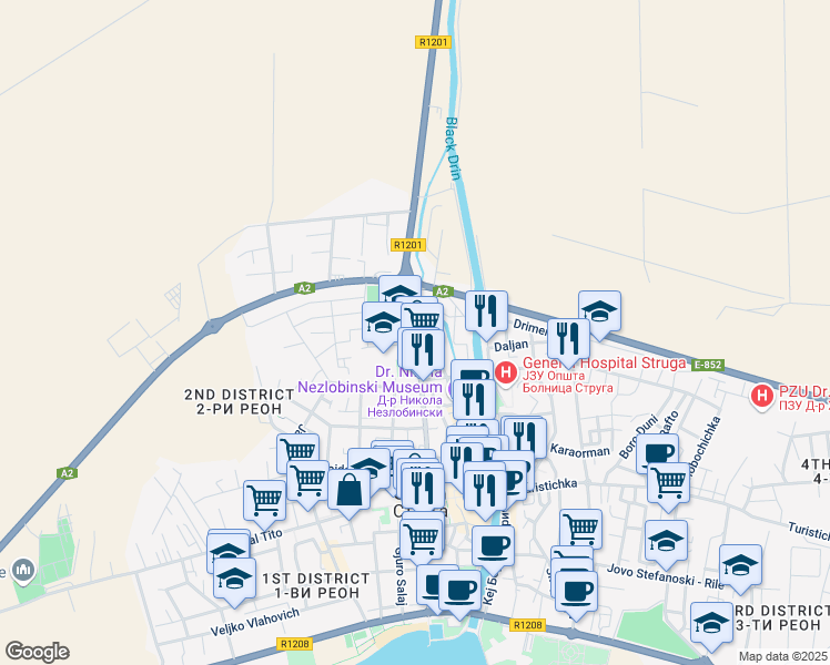 map of restaurants, bars, coffee shops, grocery stores, and more near Proleterski Brigadi in Struga