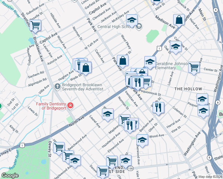 map of restaurants, bars, coffee shops, grocery stores, and more near 1115 Norman Street in Bridgeport
