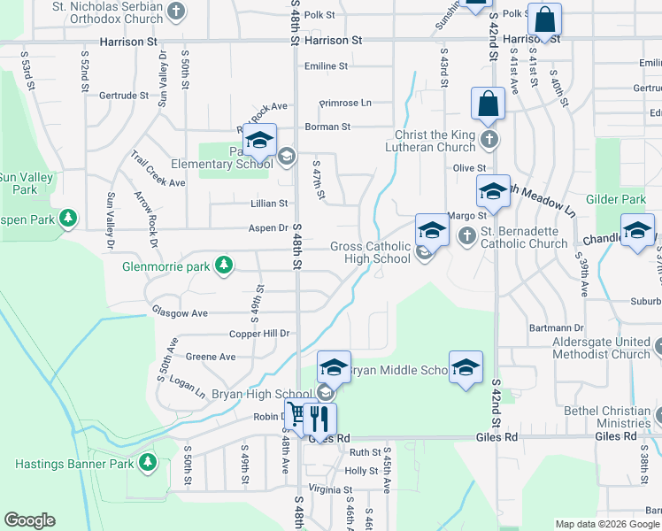 map of restaurants, bars, coffee shops, grocery stores, and more near 4608 Glenmorrie Drive in Omaha