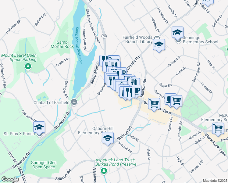 map of restaurants, bars, coffee shops, grocery stores, and more near 2323 Black Rock Turnpike in Fairfield