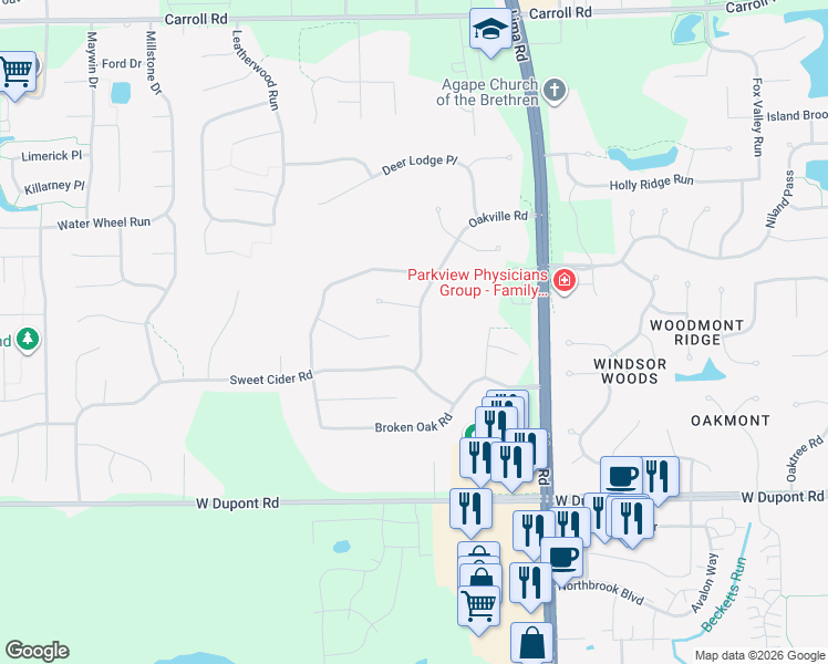 map of restaurants, bars, coffee shops, grocery stores, and more near 10909 Summer Chase Road in Fort Wayne