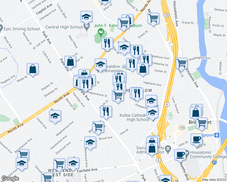 map of restaurants, bars, coffee shops, grocery stores, and more near 43 Linen Avenue in Bridgeport