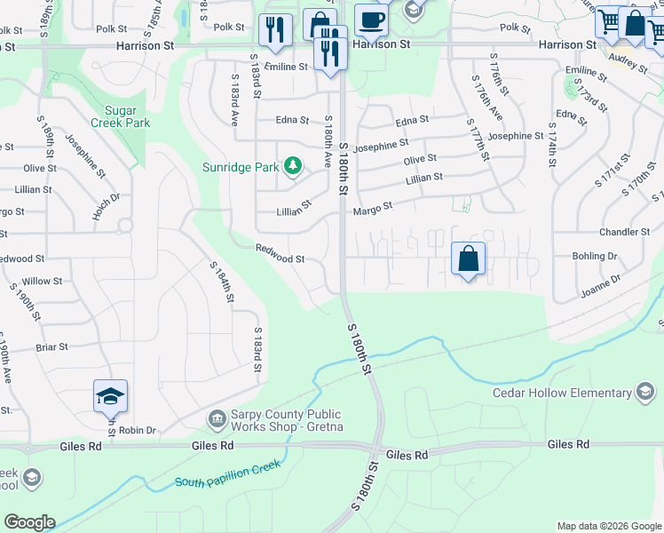 map of restaurants, bars, coffee shops, grocery stores, and more near 17911 Storage Road in Omaha
