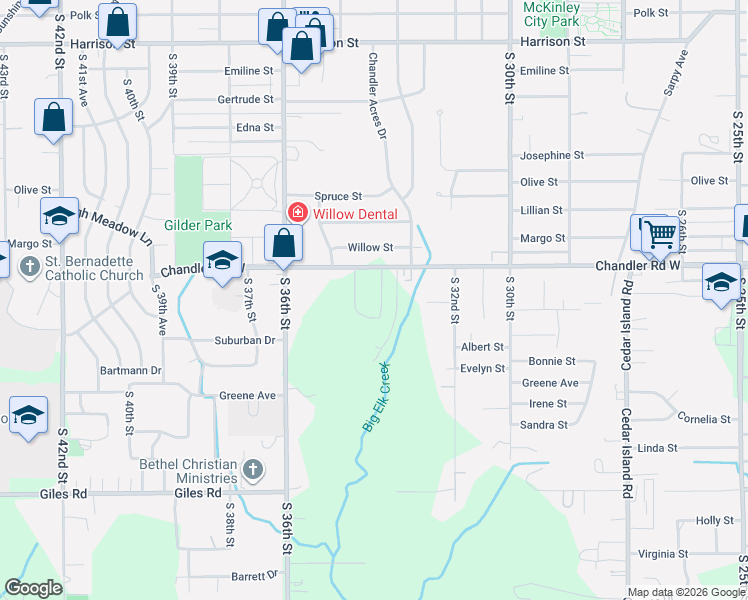 map of restaurants, bars, coffee shops, grocery stores, and more near 3421 Chandler Road West in Bellevue