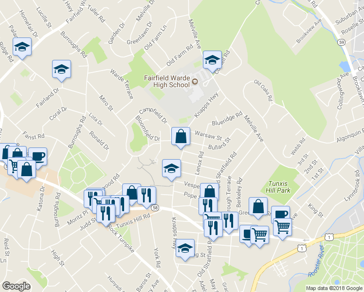 map of restaurants, bars, coffee shops, grocery stores, and more near 318 Knapps Highway in Fairfield