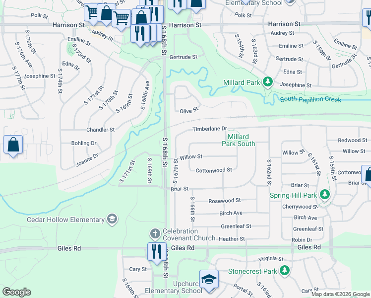 map of restaurants, bars, coffee shops, grocery stores, and more near 7712 South 166th Street in Omaha
