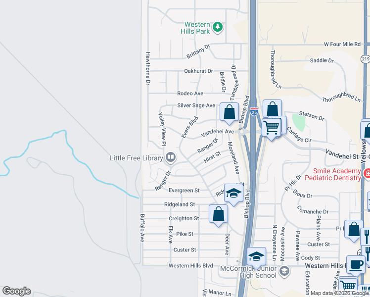 map of restaurants, bars, coffee shops, grocery stores, and more near 6817 Evers Boulevard in Cheyenne