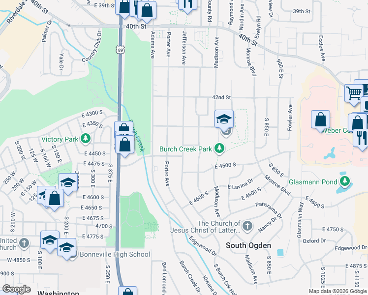 map of restaurants, bars, coffee shops, grocery stores, and more near 4401 Jefferson Avenue in Ogden