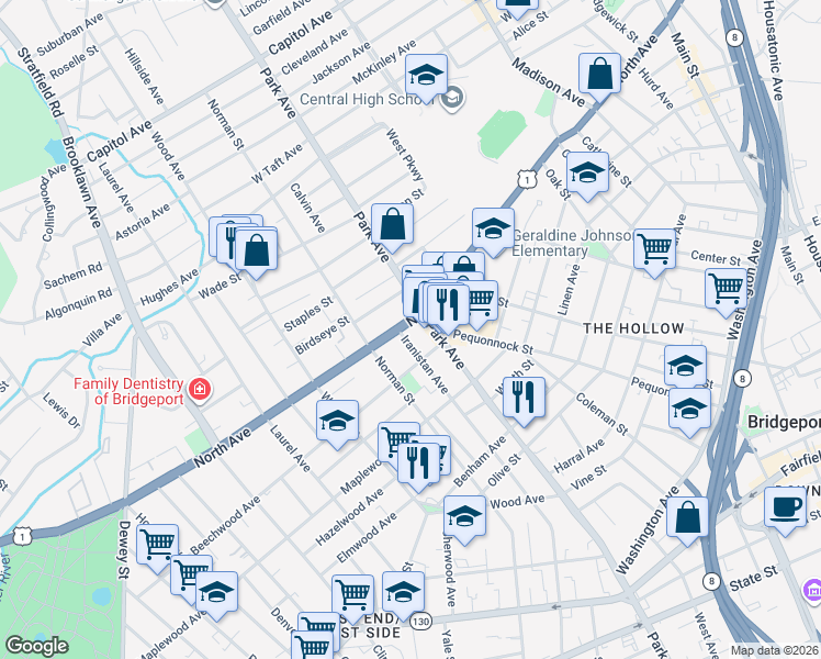 map of restaurants, bars, coffee shops, grocery stores, and more near 1809 North Avenue in Bridgeport
