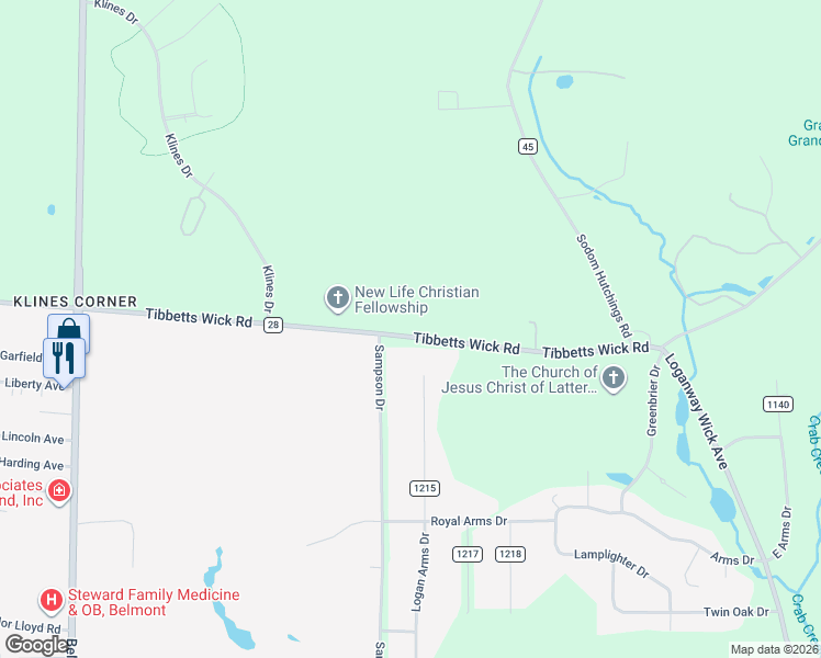 map of restaurants, bars, coffee shops, grocery stores, and more near 2110 Tibbetts Wick Road in Girard