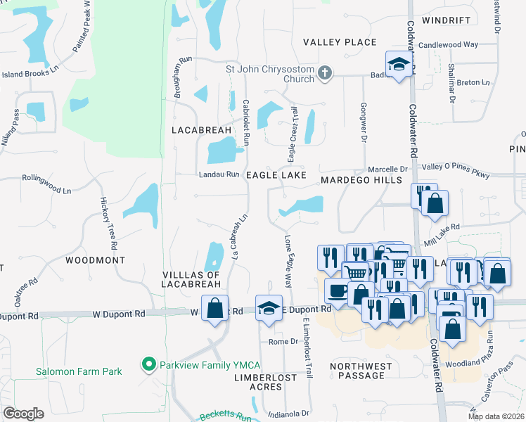 map of restaurants, bars, coffee shops, grocery stores, and more near 10833 Lone Eagle Way in Fort Wayne