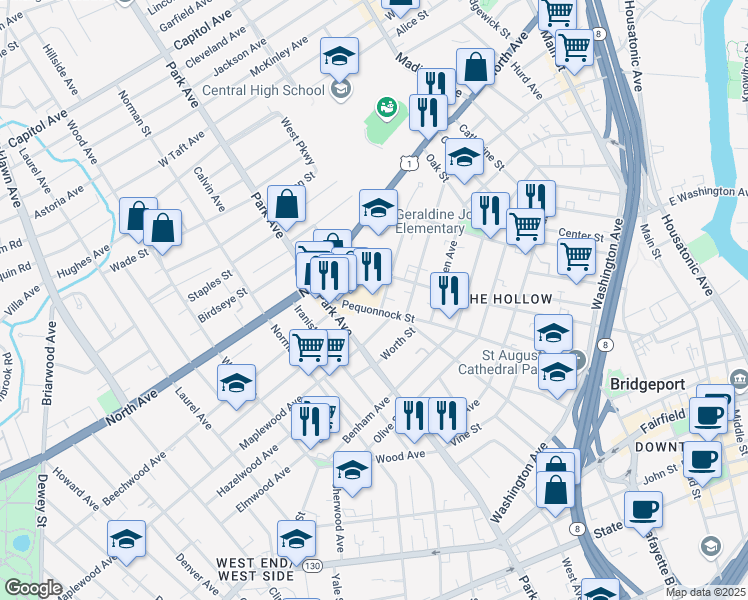 map of restaurants, bars, coffee shops, grocery stores, and more near 522 Pequonnock Street in Bridgeport