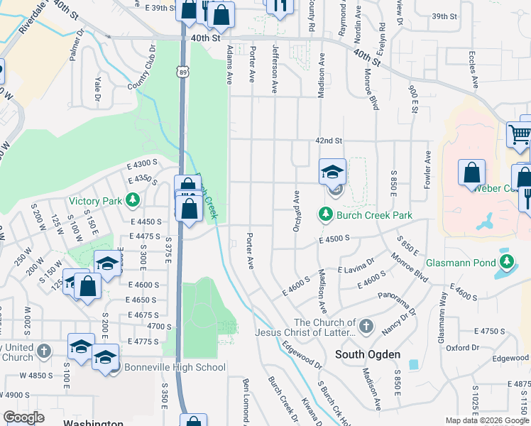 map of restaurants, bars, coffee shops, grocery stores, and more near 4401 Jefferson Avenue in Ogden