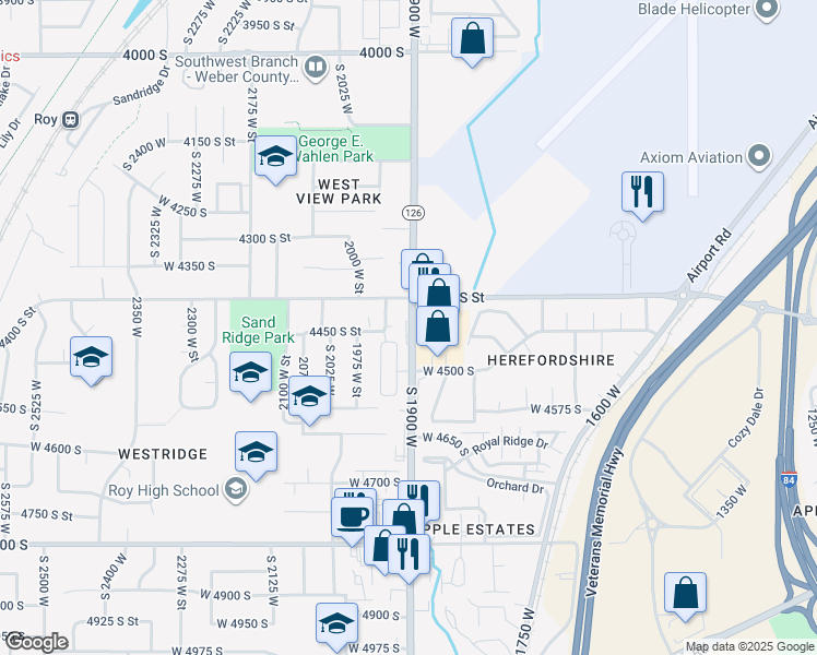 map of restaurants, bars, coffee shops, grocery stores, and more near 4449 South 1900 West in Roy
