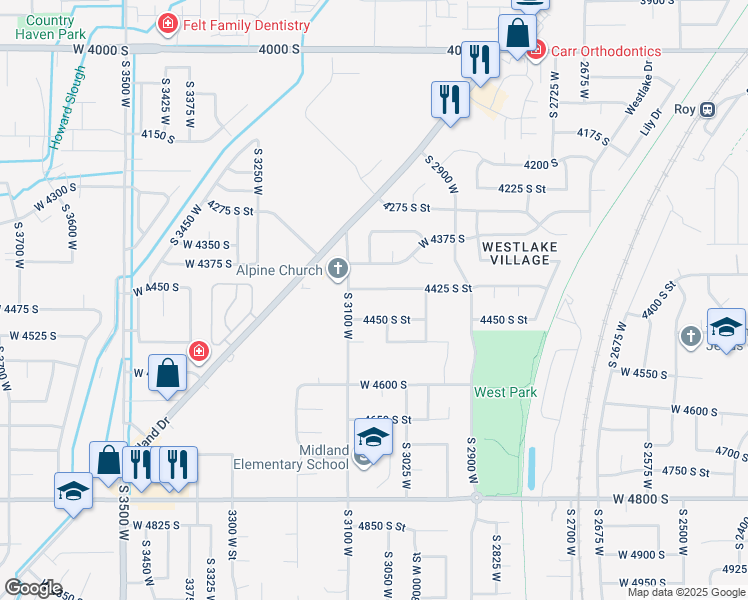 map of restaurants, bars, coffee shops, grocery stores, and more near 3039 4425 South Street in Roy
