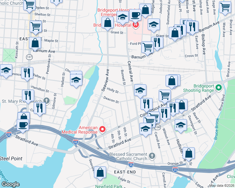 map of restaurants, bars, coffee shops, grocery stores, and more near 206 Holly Street in Bridgeport