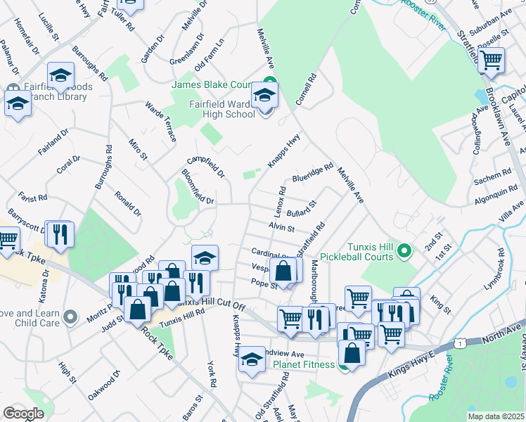 map of restaurants, bars, coffee shops, grocery stores, and more near 45 Bullard Street in Fairfield