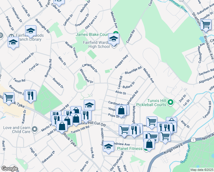 map of restaurants, bars, coffee shops, grocery stores, and more near 45 Bullard Street in Fairfield