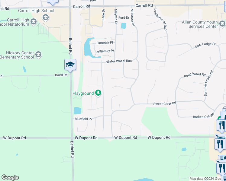 map of restaurants, bars, coffee shops, grocery stores, and more near 10999 Middleford Place in Fort Wayne