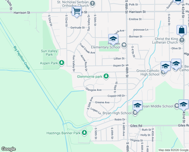 map of restaurants, bars, coffee shops, grocery stores, and more near 7817 Arrow Rock Drive in Omaha
