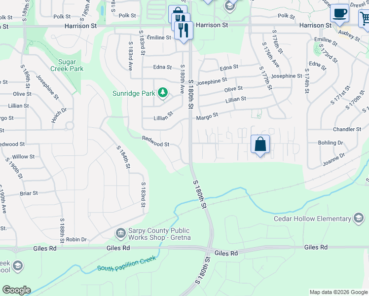 map of restaurants, bars, coffee shops, grocery stores, and more near 17911 Storage Road in Omaha