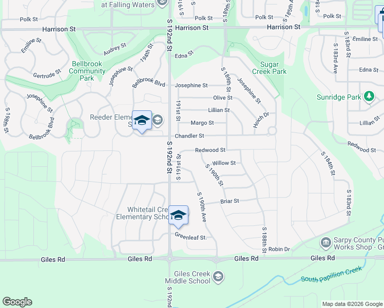 map of restaurants, bars, coffee shops, grocery stores, and more near 19025 Redwood Street in Omaha