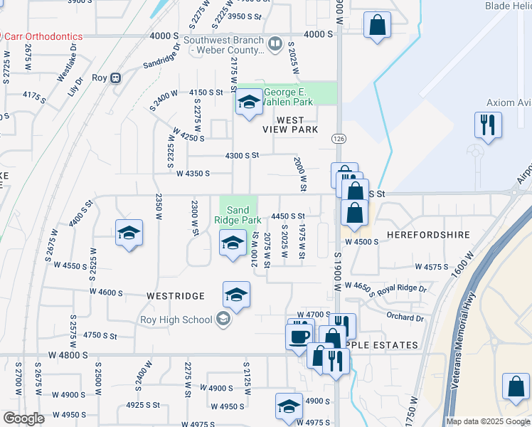 map of restaurants, bars, coffee shops, grocery stores, and more near 2082 West 4450 South in Roy