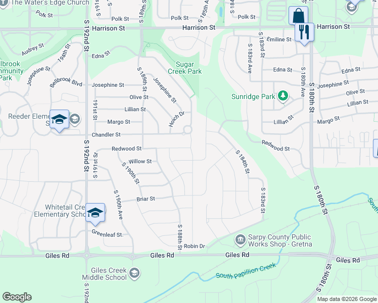 map of restaurants, bars, coffee shops, grocery stores, and more near 18606 Willow Street in Gretna