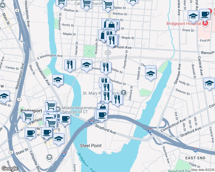 map of restaurants, bars, coffee shops, grocery stores, and more near 588 East Main Street in Bridgeport