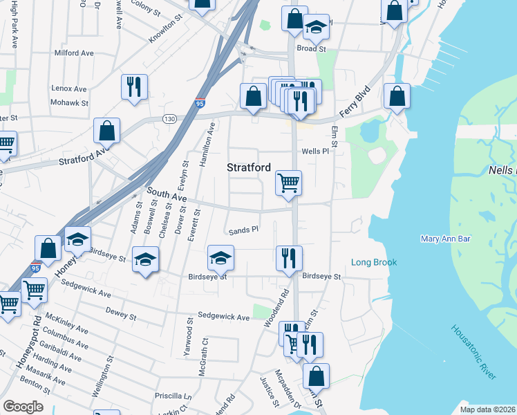 map of restaurants, bars, coffee shops, grocery stores, and more near 9 Holmes Street in Stratford