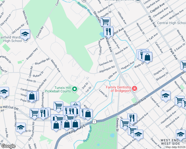 map of restaurants, bars, coffee shops, grocery stores, and more near 233 Algonquin Road in Fairfield