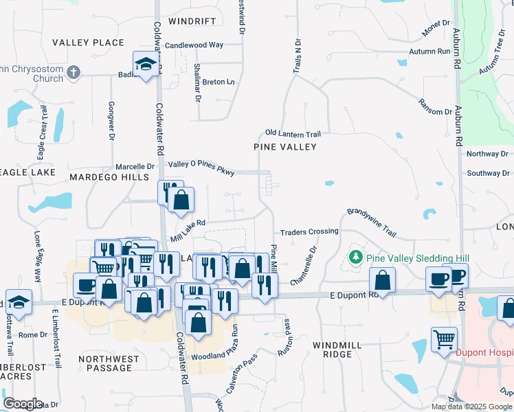 map of restaurants, bars, coffee shops, grocery stores, and more near 10811 Pine Mills Rd in Fort Wayne
