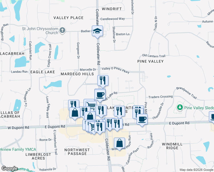 map of restaurants, bars, coffee shops, grocery stores, and more near 10820 Coldwater Road in Fort Wayne