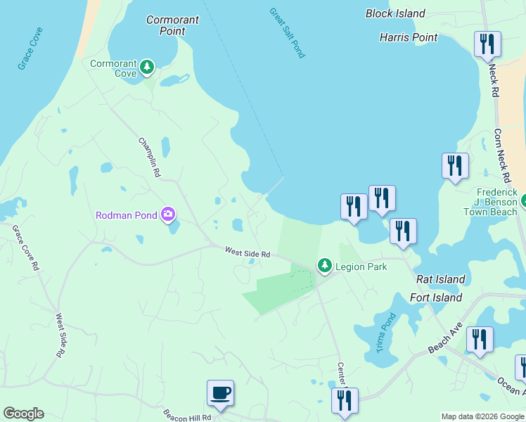 map of restaurants, bars, coffee shops, grocery stores, and more near 82 West Side Road in New Shoreham