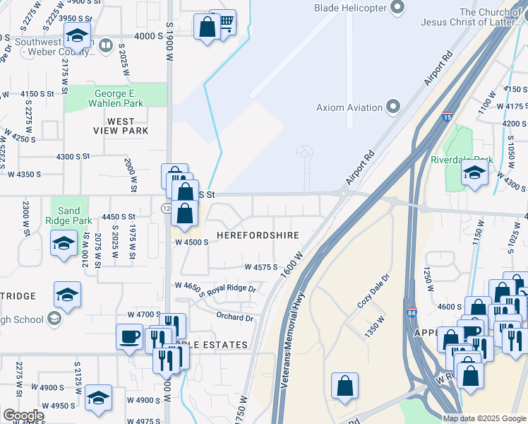 map of restaurants, bars, coffee shops, grocery stores, and more near 1682 West 4450 South in Roy