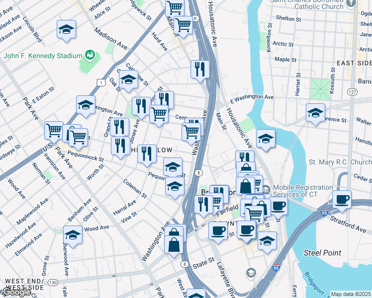 map of restaurants, bars, coffee shops, grocery stores, and more near 55 Sanford Avenue in Bridgeport