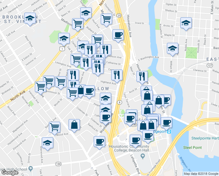 map of restaurants, bars, coffee shops, grocery stores, and more near 55 Sanford Avenue in Bridgeport