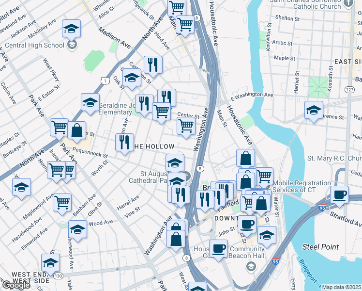 map of restaurants, bars, coffee shops, grocery stores, and more near 55 Sanford Avenue in Bridgeport