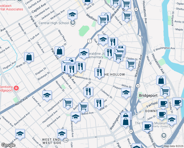 map of restaurants, bars, coffee shops, grocery stores, and more near 43 Linen Avenue in Bridgeport