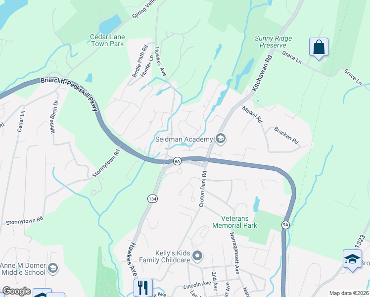 map of restaurants, bars, coffee shops, grocery stores, and more near 46 Brooke View Drive in Ossining