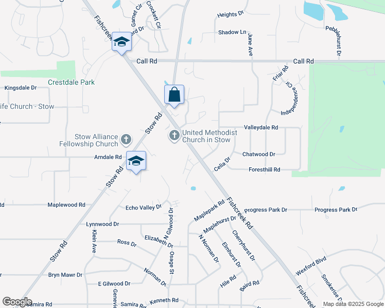 map of restaurants, bars, coffee shops, grocery stores, and more near 4840 Fishcreek Road in Stow