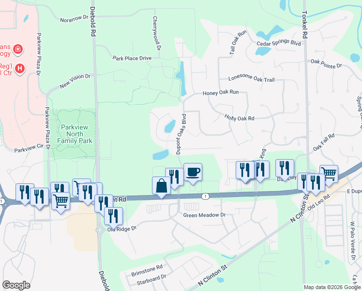 map of restaurants, bars, coffee shops, grocery stores, and more near 10719-10723 Dupont Oaks Boulevard in Fort Wayne