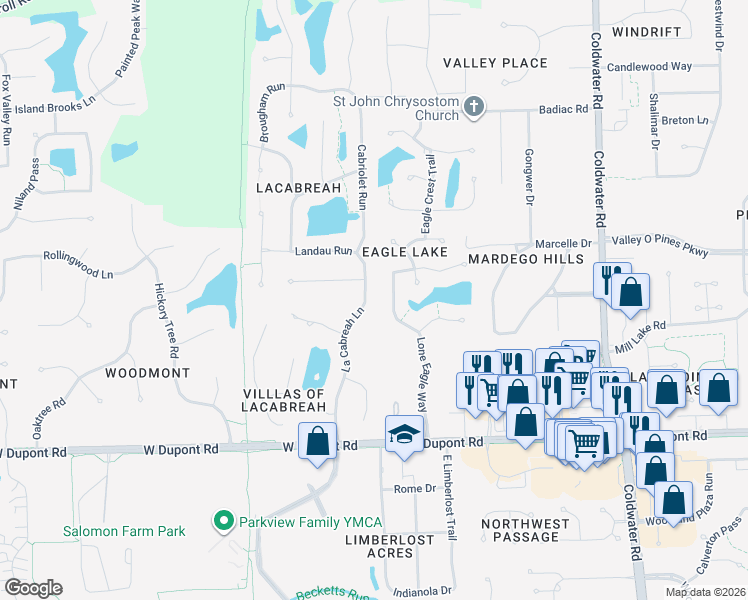 map of restaurants, bars, coffee shops, grocery stores, and more near 10833 Lone Eagle Way in Fort Wayne