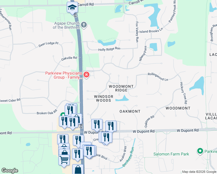 map of restaurants, bars, coffee shops, grocery stores, and more near 10924-10998 Windsor Woods Boulevard in Fort Wayne