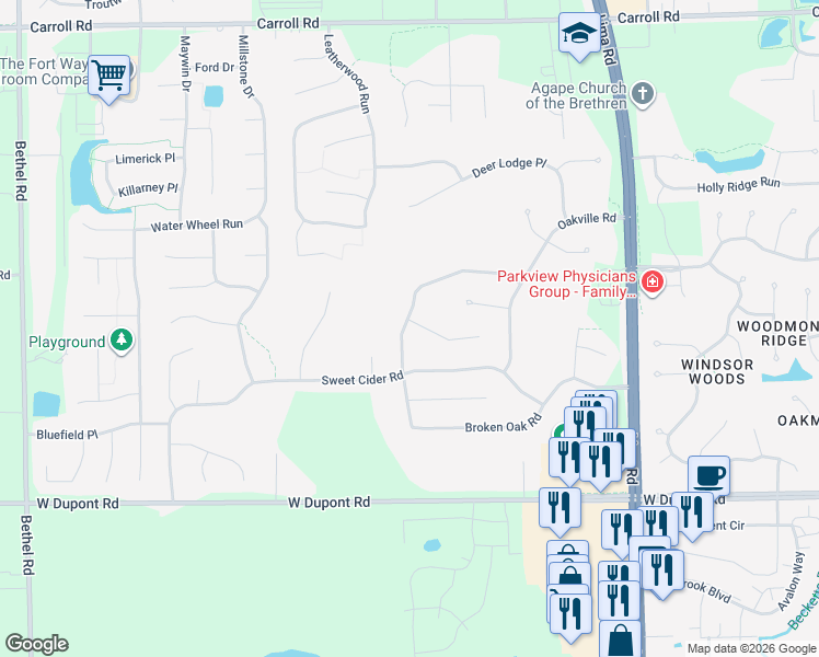 map of restaurants, bars, coffee shops, grocery stores, and more near 2317 Weather Wood Place in Fort Wayne