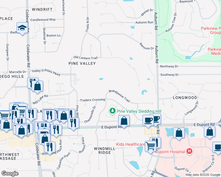 map of restaurants, bars, coffee shops, grocery stores, and more near 1631 Brandywine Trail in Fort Wayne