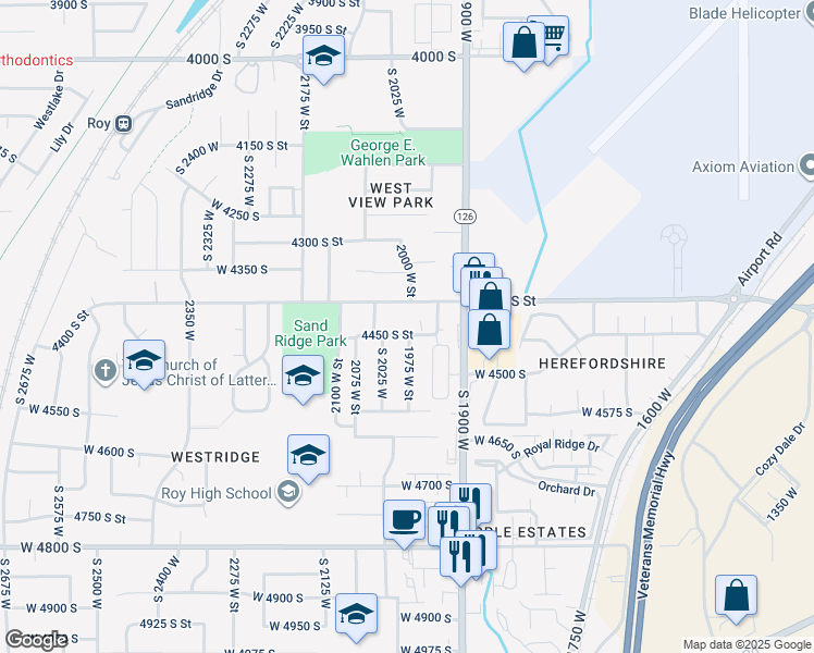 map of restaurants, bars, coffee shops, grocery stores, and more near 1980 West 4450 South in Roy