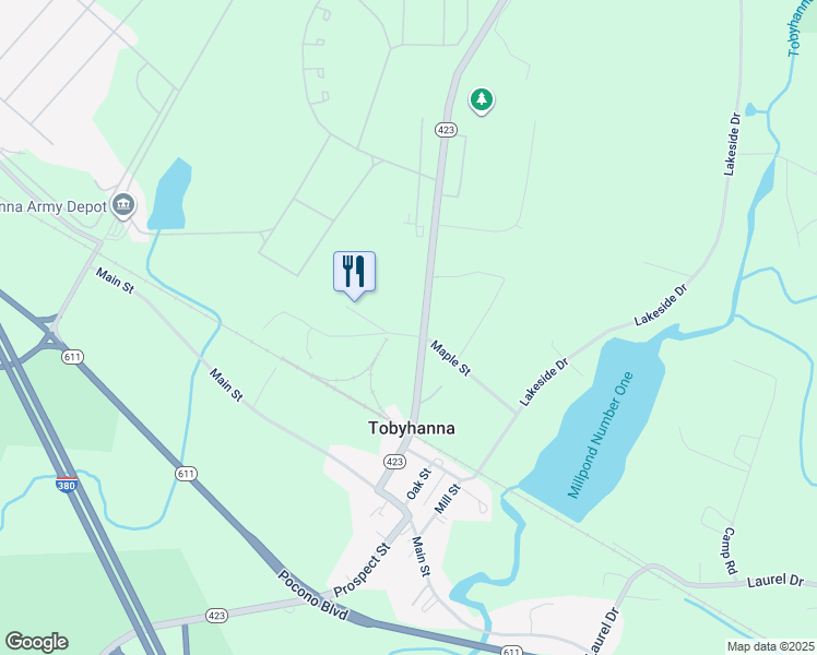 map of restaurants, bars, coffee shops, grocery stores, and more near 1667 Church Street in Tobyhanna