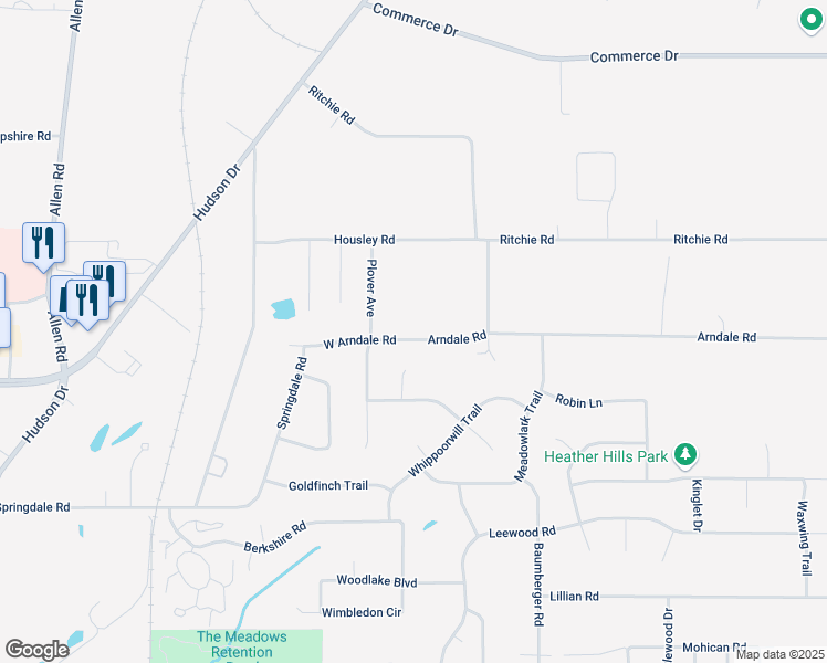 map of restaurants, bars, coffee shops, grocery stores, and more near 1298 West Arndale Road in Stow