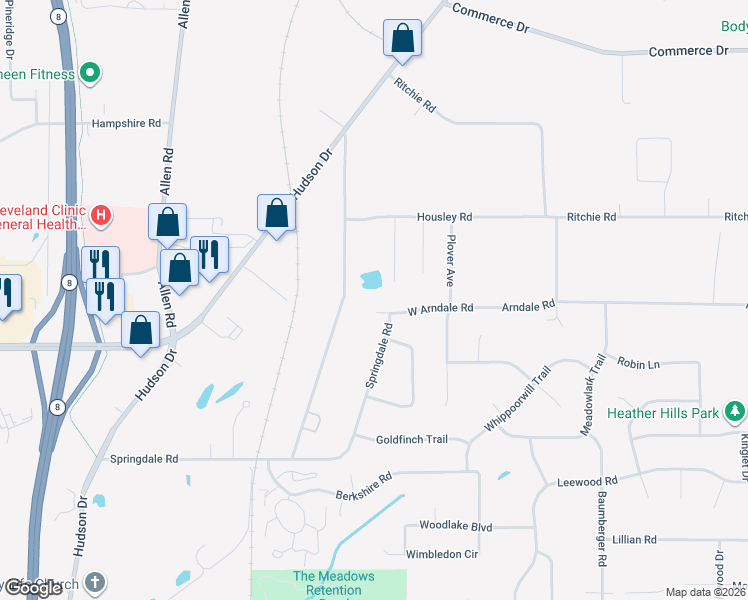 map of restaurants, bars, coffee shops, grocery stores, and more near 1177 West Arndale Road in Stow